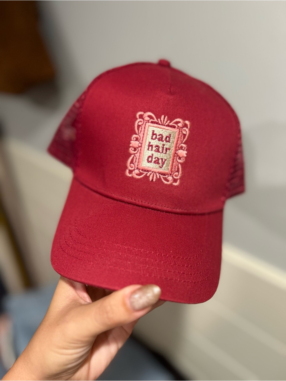 Bad Hair Day Embroidered Trucker Hat - Red